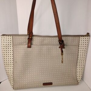 Fossil Rachel Tote Zipper Closure Heart Print Beige Handbag